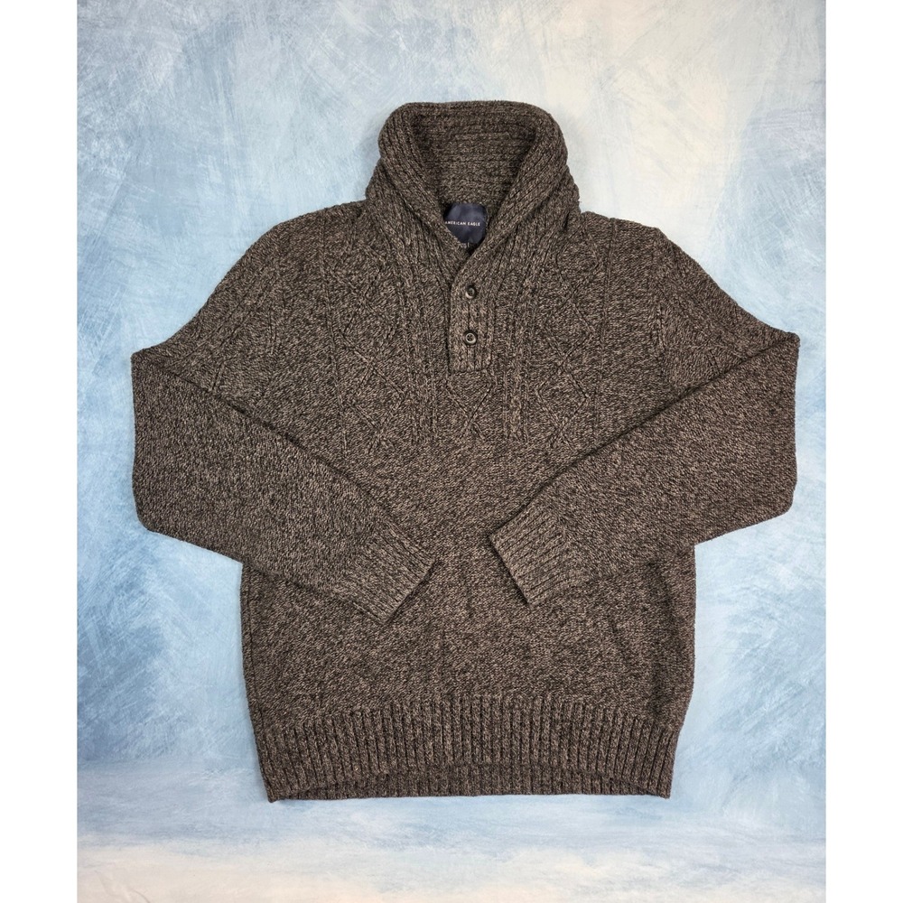 American Eagle Shawl Collar Men's Sweater XL Gray Marled Cable Knit Pullover